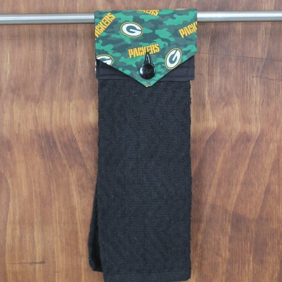 GREEN BAY PACKER BLACK & GREEN PRINT HANDMADE HANGING KITCHEN COTTON TOWEL - Picture 8 of 9